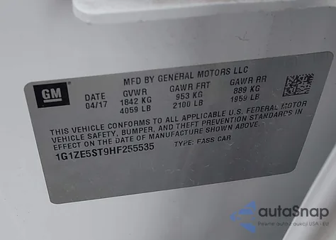 2017 Chevrolet Malibu 1Lt z USA, uszkodzony, nr VIN 1G1ZE5ST9HF255535